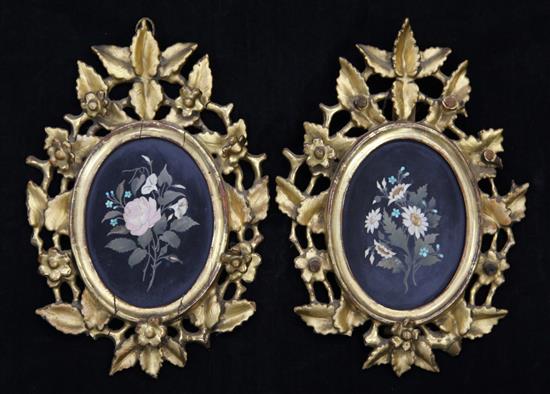 A pair of 19th century pietra dura floral panels, overall 12 x 8.25in.